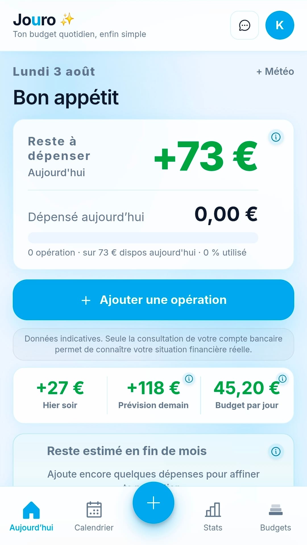 Vue Jouro du solde du jour et du budget quotidien