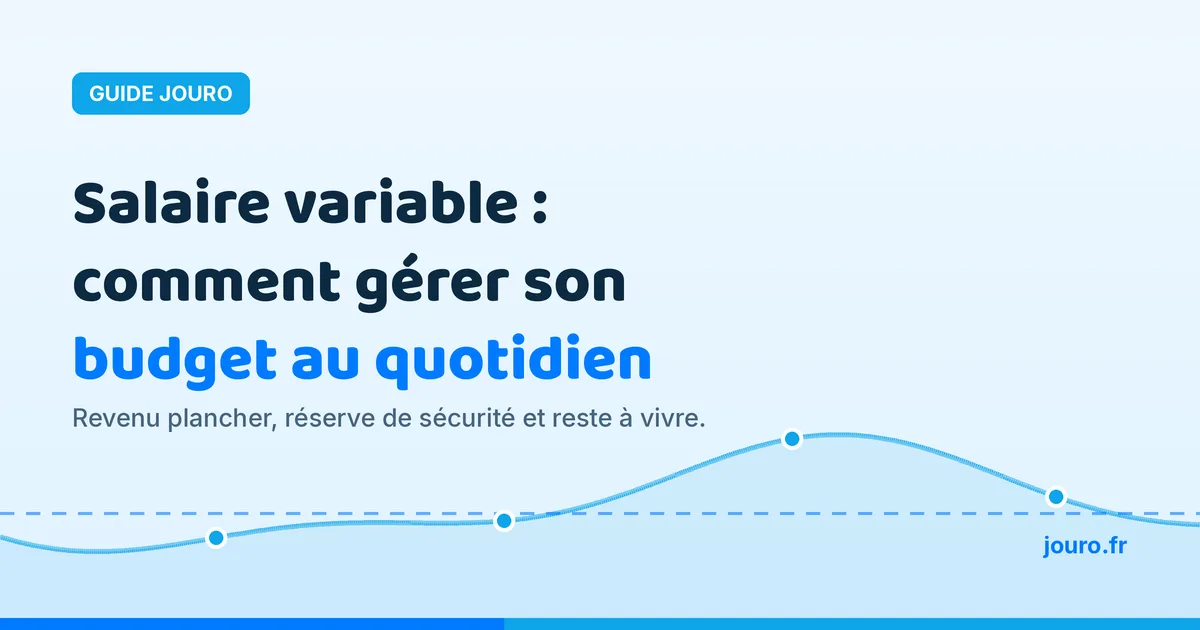 Courbe de revenus irréguliers surmontant une ligne de budget quotidien stable, sur fond bleu Jouro